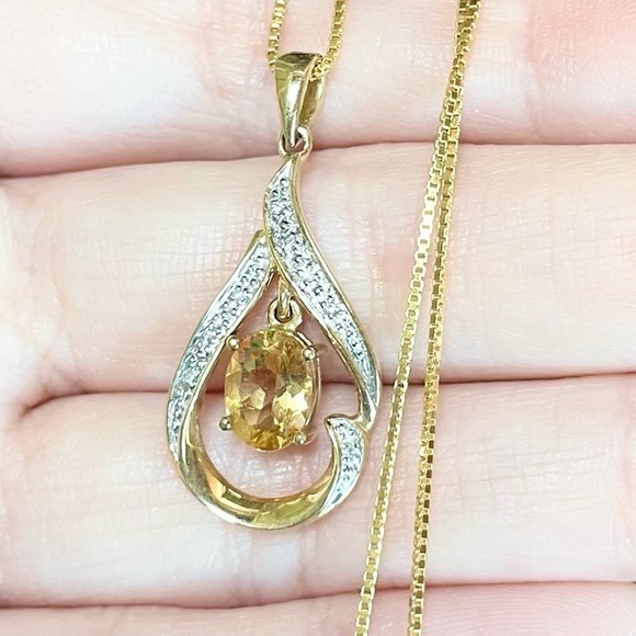 10k citrine diamond filigree yellow orange 8x6mm oval solid yellow gold pendant